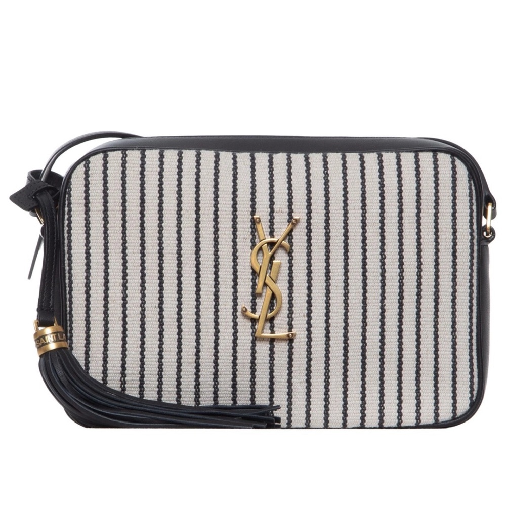 Yves Saint Laurent Black and White Striped Crossbody Bag with Gold Hardware